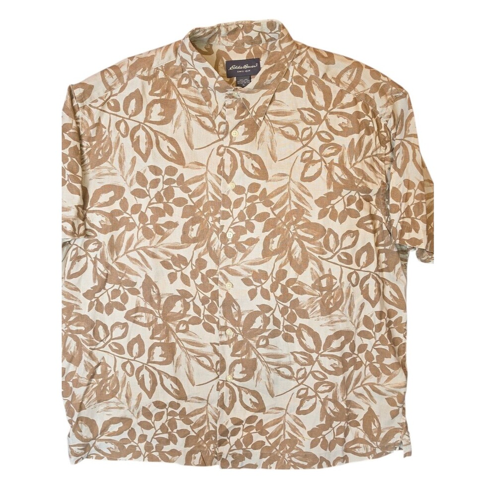 Eddie Bauer Shirt Mens XL Tan Floral Tropical Linen Hawaiian Travel Preppy